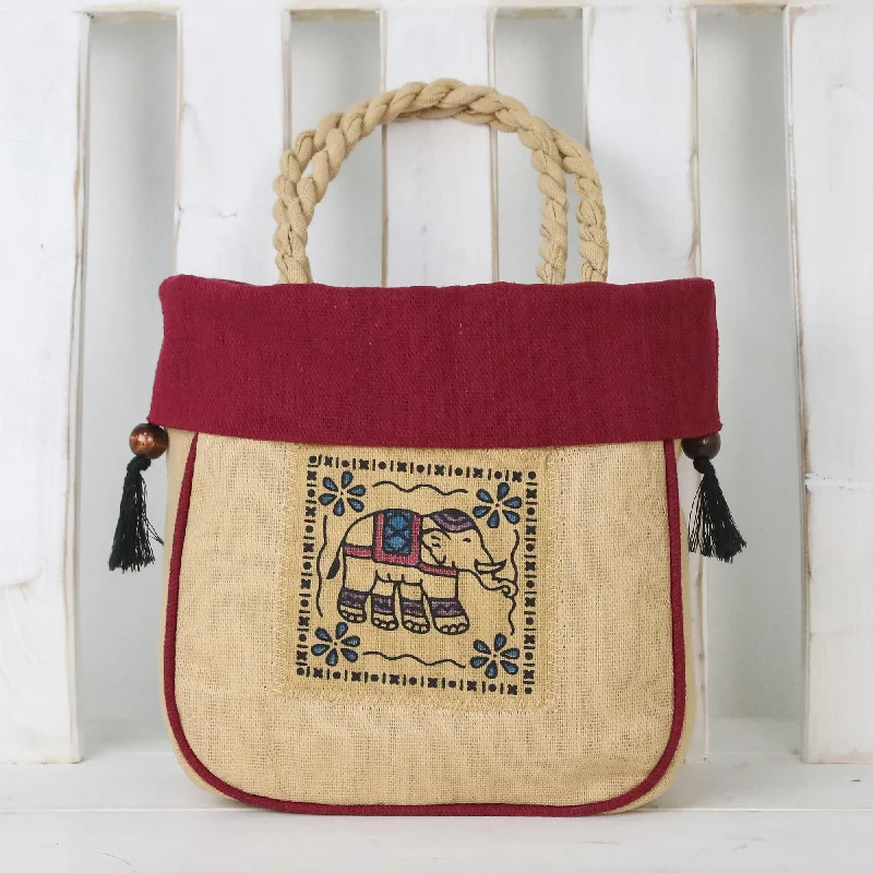 Graceful Elephant in Maroon Handmade Cotton Handle Handbag Elephant Magenta Bag Thailand