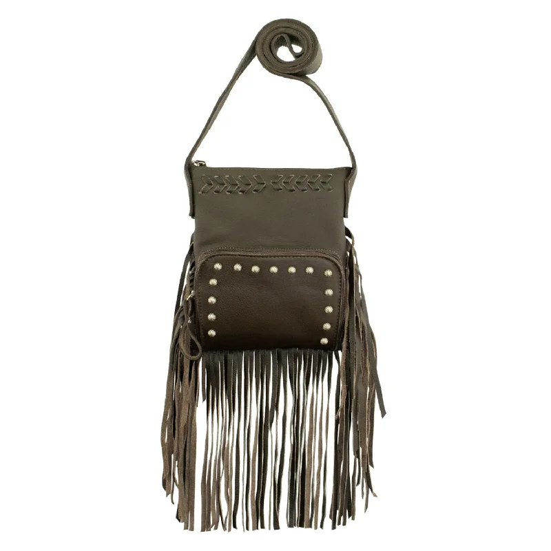 American West Womens Fringed Cowgirl 8in Chocolate Brown Leather Crossbody Bag