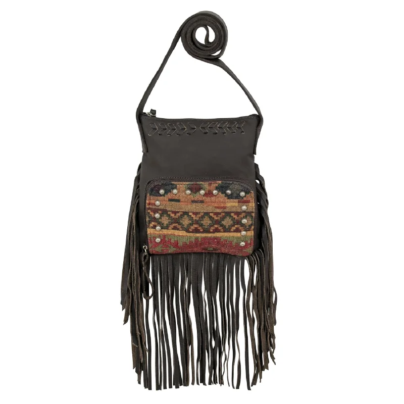 American West Womens Fringed Cowgirl 8in Woven Tapestry Leather Crossbody Bag