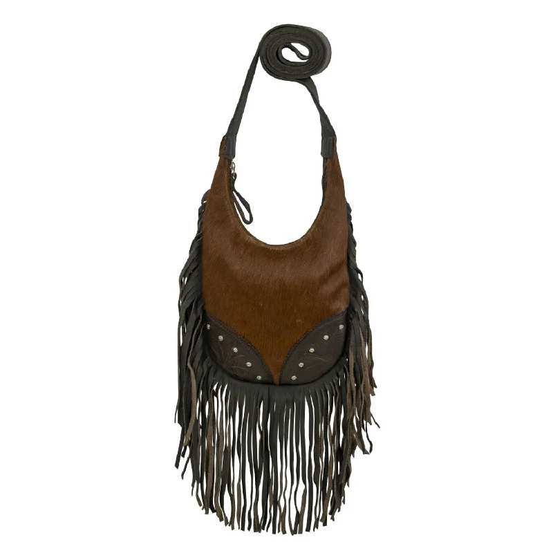 American West Womens Fringed Cowgirl Hobo Brindle Hair-On Leather Crossbody Bag