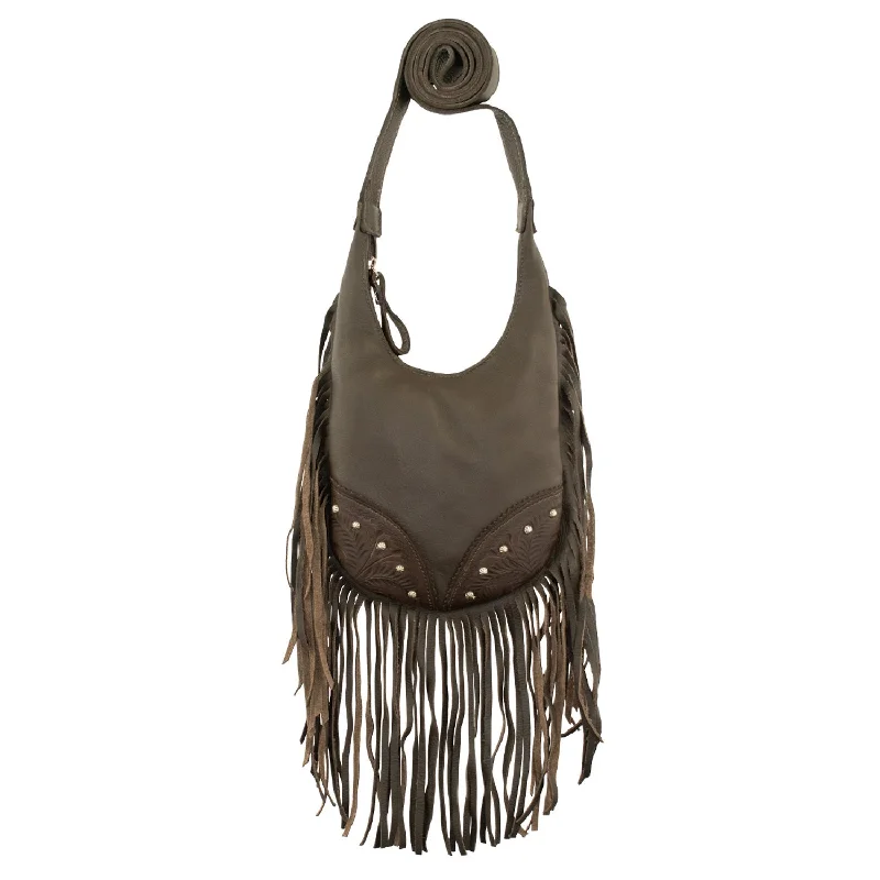 American West Womens Fringed Cowgirl Hobo Chocolate Brown Leather Crossbody Bag