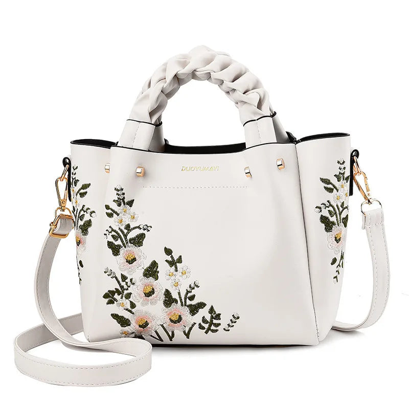 New Arrival Flower Embroidery Solid Color Handbag Large Capacity Crossbody Bag Shoulder Bag Set For Women