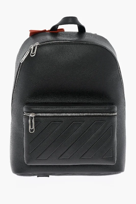 Off-White Textured Leather Binder Backpack With Diagonal Stripe Motif