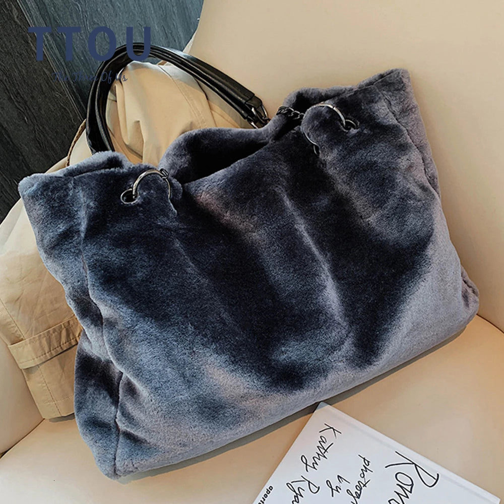 Winter Faux Fur Women Shoulder Bag Plush Fashion Chain Lady Purses Large Capacity Casual Tote Handbag