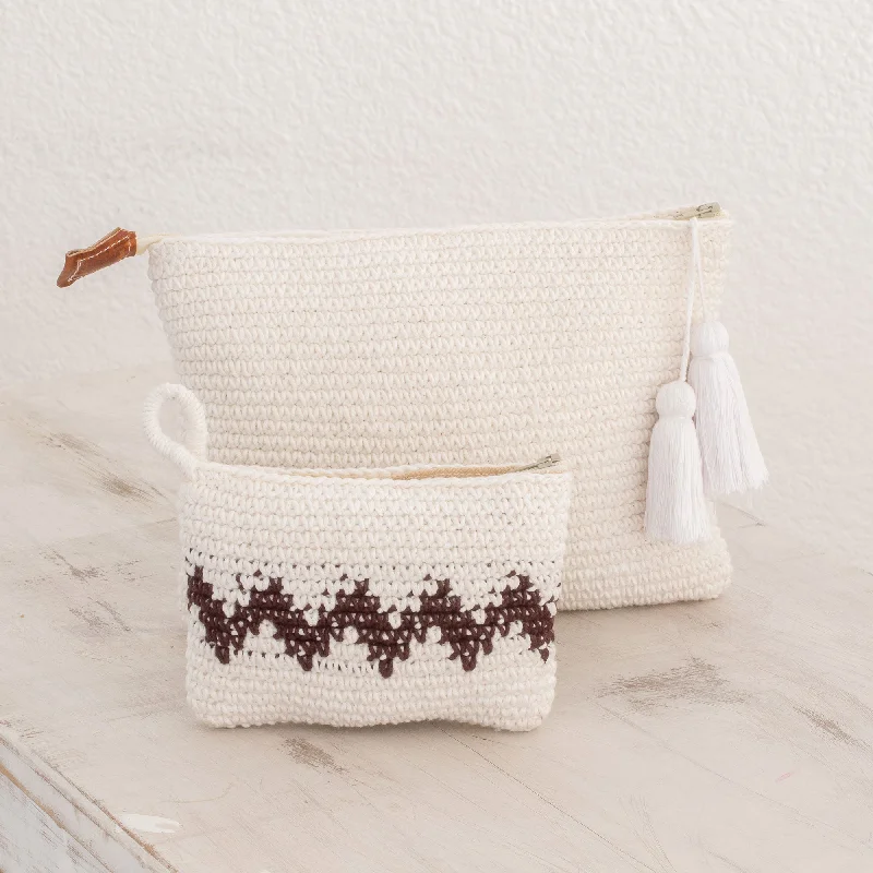 Zigzag Snow Hand-Crocheted Cotton Handbags with Black Zigzags (Pair)