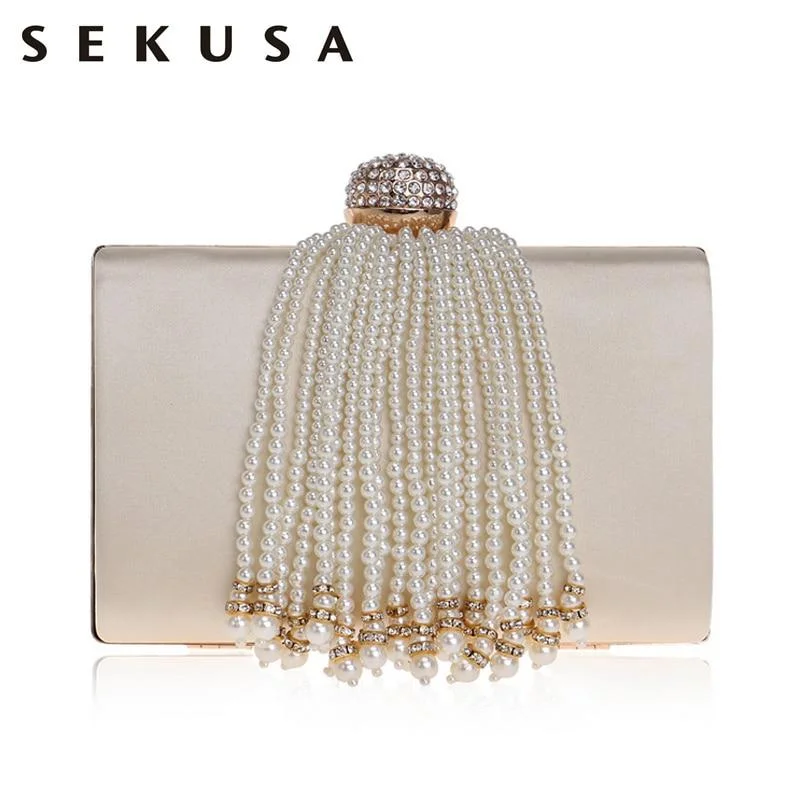 SEKUSA Tassel Beaded Women Evening Bags Crytal Metal Pearl Small Day Clutches Chain Shoulder Female Party Wedding Purse