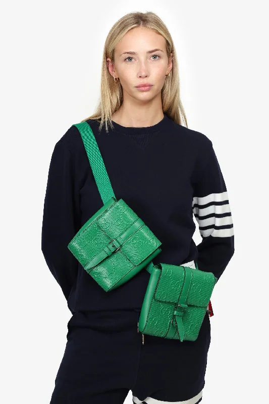 Gucci Green Calfskin GG Embossed Double Belt Bag