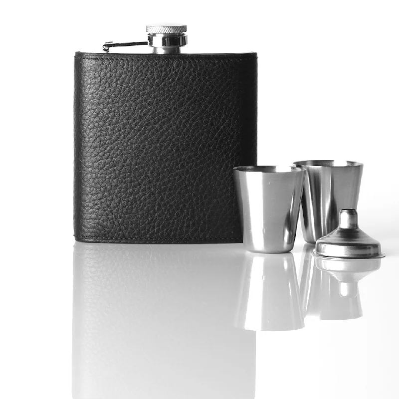 Hip Flask Gift Set, 6 Oz, Black Leather