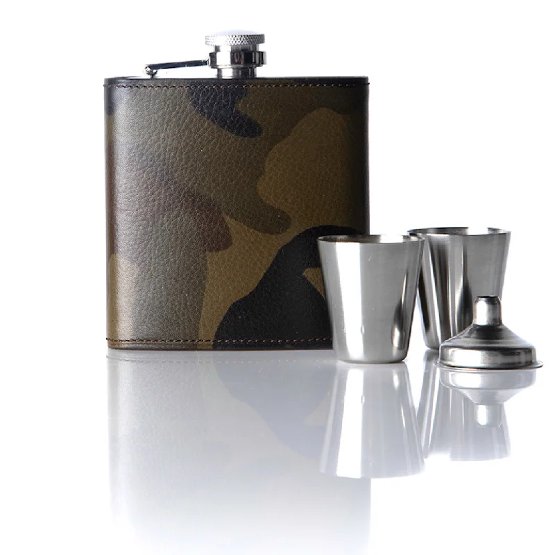 Hip Flask Gift Set, 6 Oz, Camouflage Leather