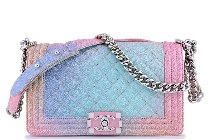 New 18P Chanel Multicolor Rainbow Caviar Medium Classic Boy Flap Bag Flash Sale On Designer Bags