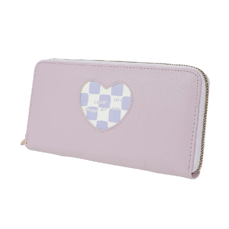 Heart Shape Plaid Women's Long Wallet with Round Zipper(Purple)