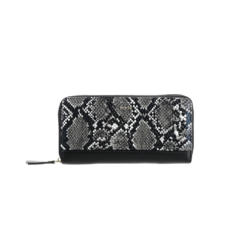 Women's Long Snakeskin Wallet with Zipper(Black)