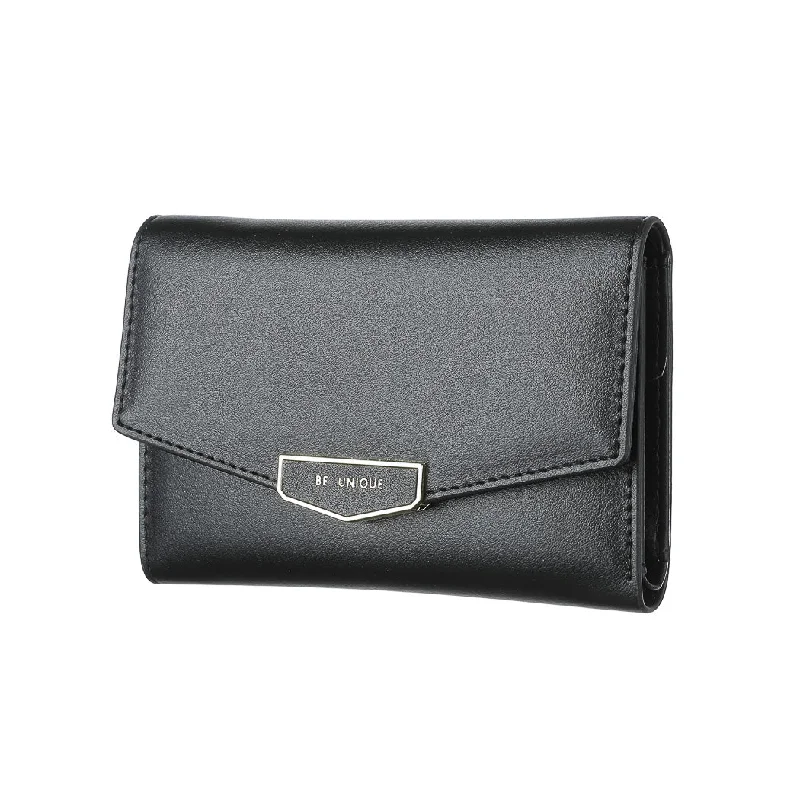 Women's Medium Wallet with Zipper and Hardware Decoration (Black)