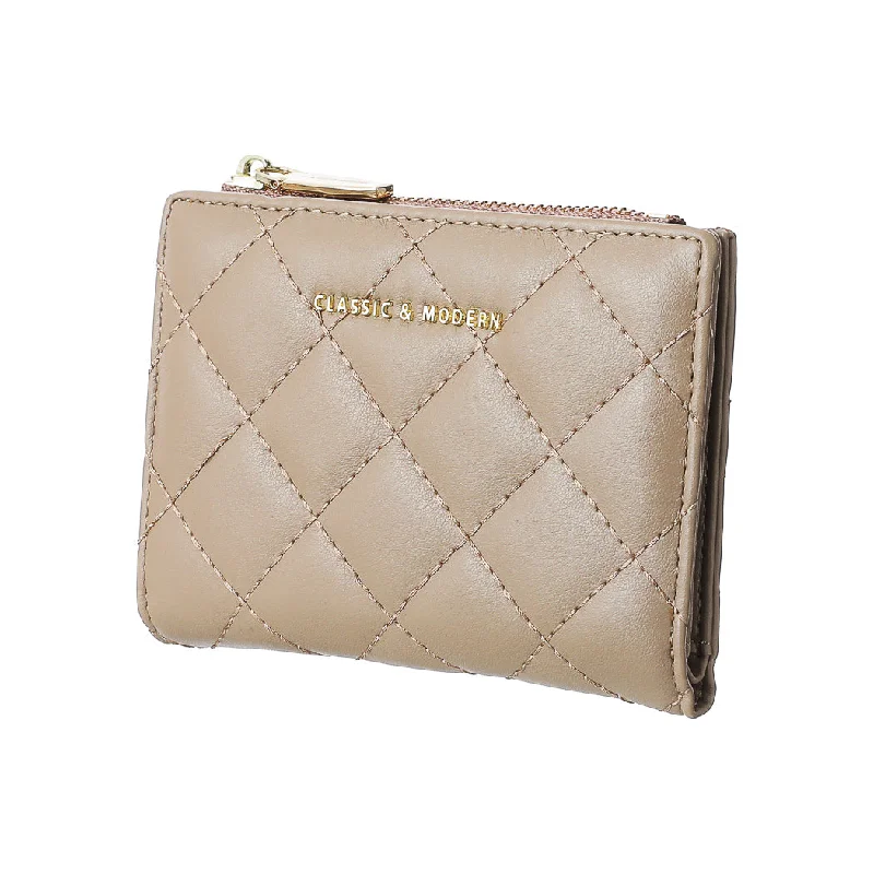 Women's Short Diamond Lattice Pattern Quilted Wallet with Golden Letters (Khaki)