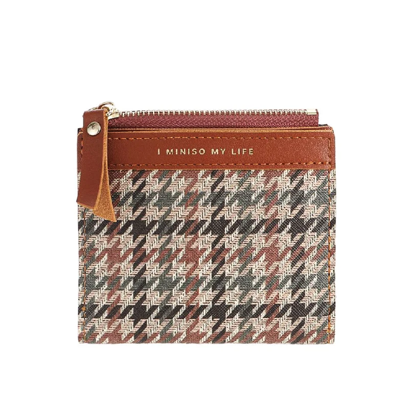 Women's Short Houndstooth Wallet with Zipper(Brown)