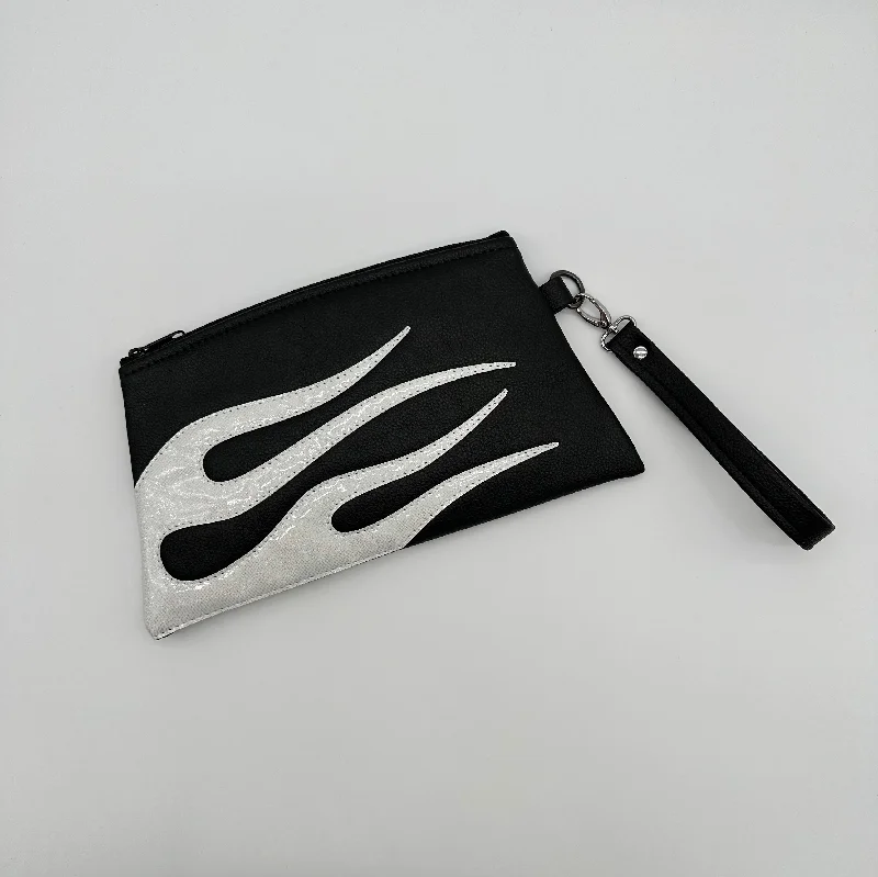 Angled Wristlet - Black Symphony - White Fine Glitter Holo Flames