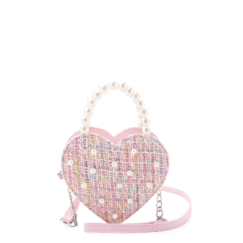 Heart-Shaped Tweed Pearl Handle Crossbody Bag