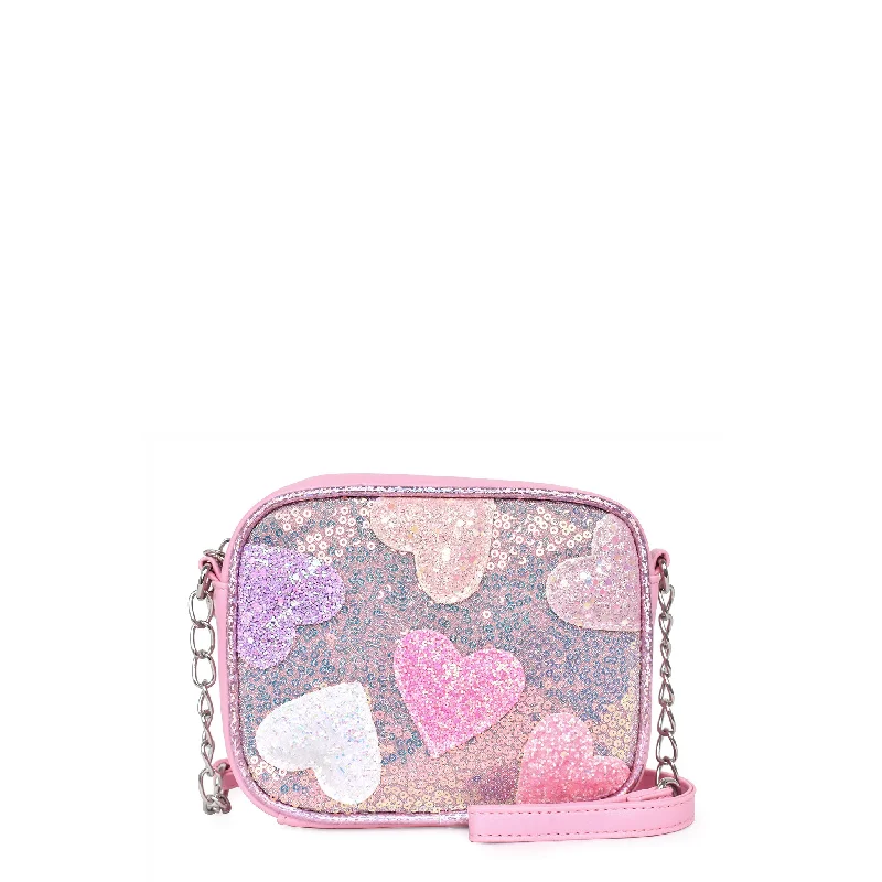 Heart-Patched Sequins Pink Crossbody Bag