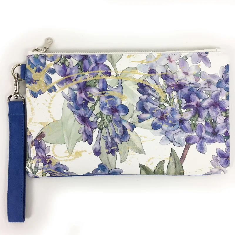 Lilacs on White Wristlet - VeganLeather/Suede