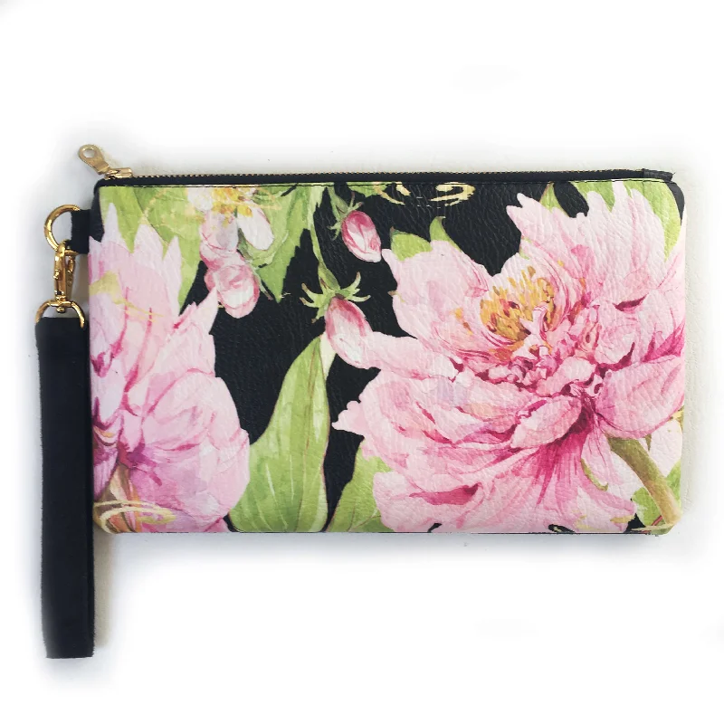 Magenta Watercolor Peony Wristlet - vegan leather/suede