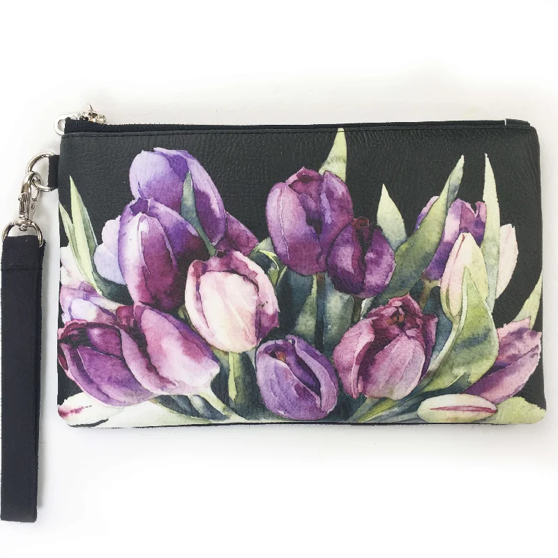 Purple watercolor tulips on black wristlet - vegan leather/suede