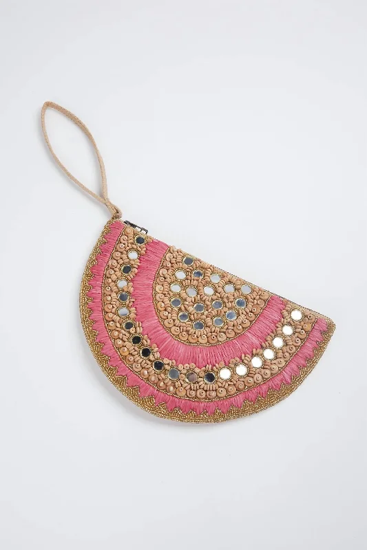 Sandia Raffia Clutch Wristlet Bag In Gold/pink