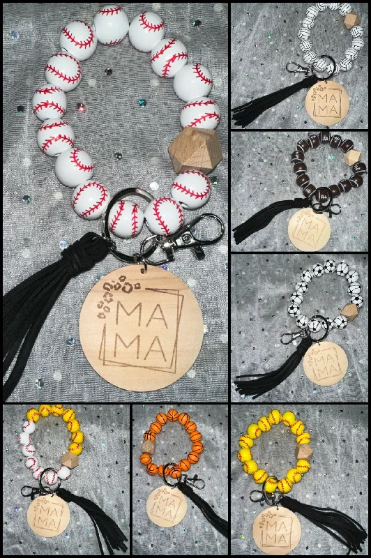 Sports Mama Themed Wooden Beads Wristlet / Keychain with engraved Disc