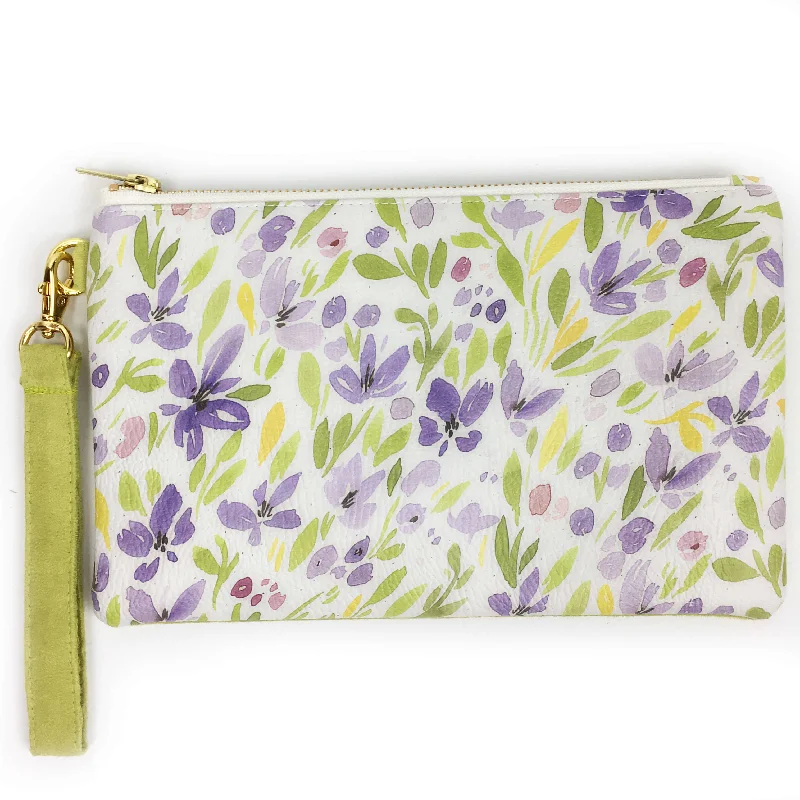 Spring Watercolor Floral wristlet - vegan leather/suede