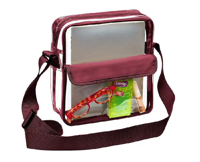 Tablet Size Clear Cross-Body Messenger Shoulder Bag - Burgundy Trim (CH-510-BUR)