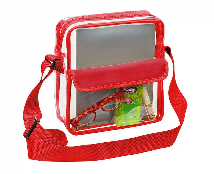 Tablet Size Clear Cross-Body Messenger Shoulder Bag - Red Trim (CH-510-RED)