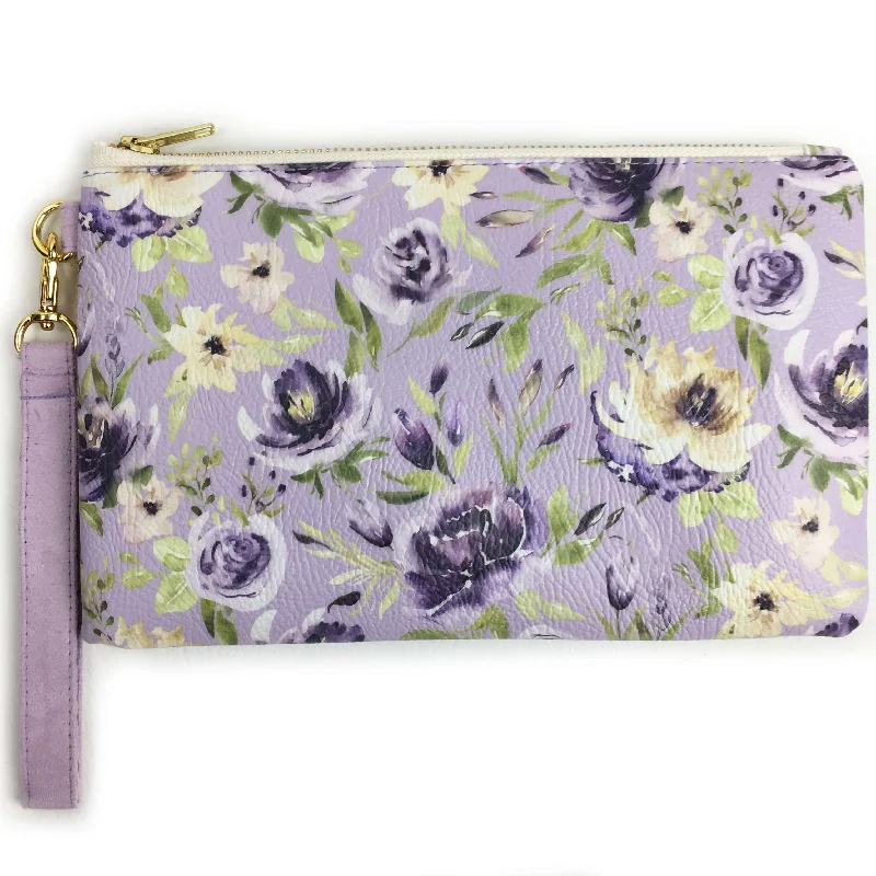 Watercolor mixed floral on lavender wristlet - vegan leather/suede