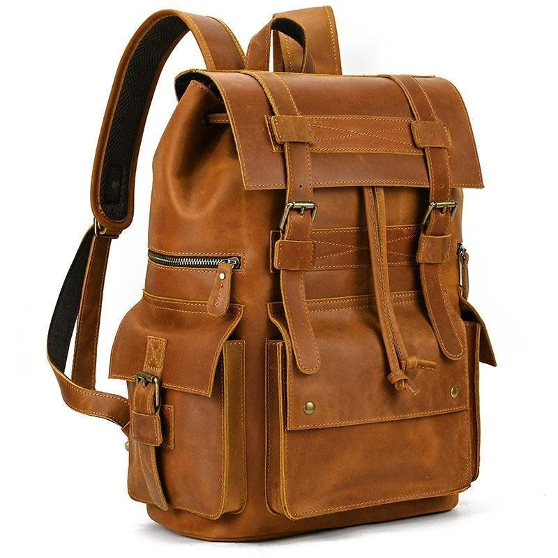 Mens Brown Leather Backpack Holds 17 Inch Laptop