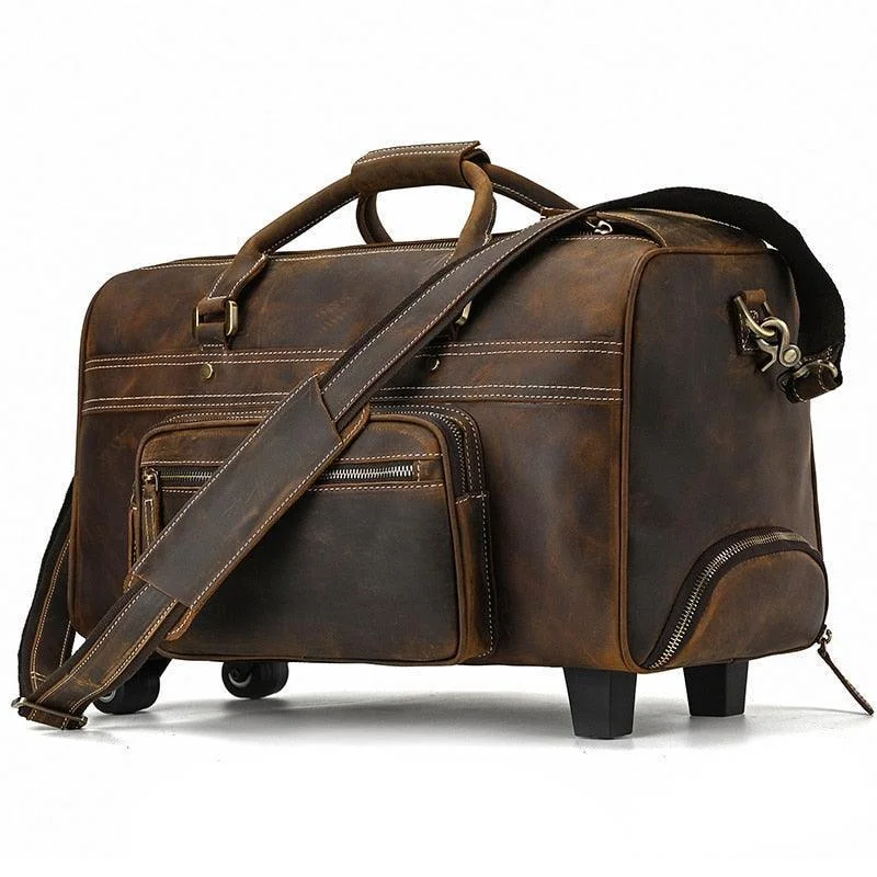 Mens Large Genuine Leather Luggage Trolley Bag On Wheels...